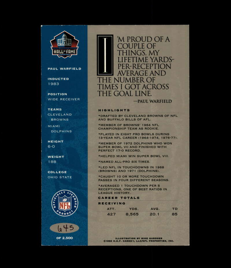 Paul Warfield NFL Coa Signed 1998 HOF Signature Series /2500 Autograph