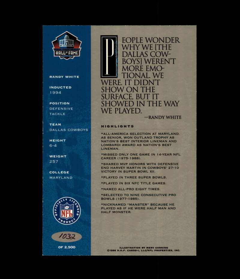 Randy White NFL Coa Signed 1998 HOF Signature Series /2500 Autograph