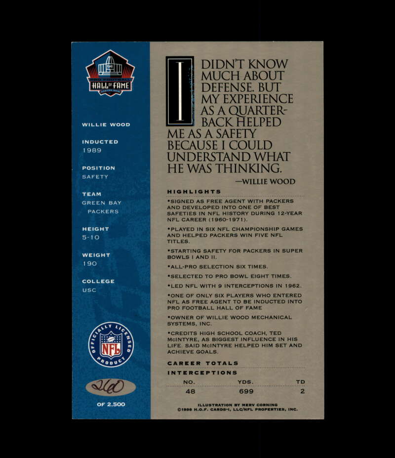 Willie Wood NFL Coa Signed 1998 HOF Signature Series /2500 Autograph