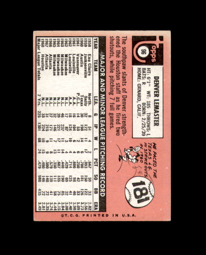 Denny Lemaster Signed Authentic 1969 Topps Houston Astros Autograph