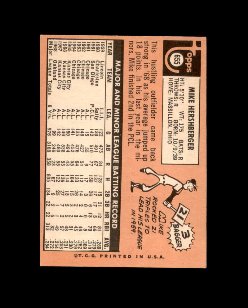 Mike Hershberger Signed Authentic 1969 Topps Oakland Athletics Autograph