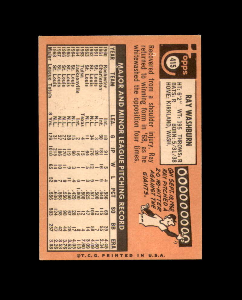 Ray Washburn Signed Authentic 1969 Topps St. Louis Cardinals Autograph