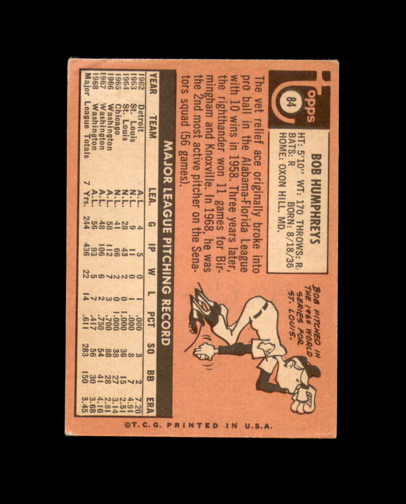 Bob Humphreys Signed Authentic 1969 Topps Washington Senators Autograph