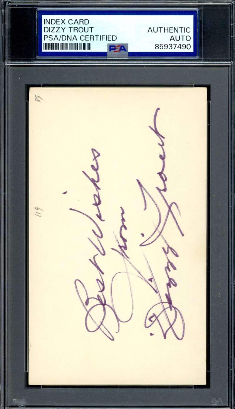Dizzy Trout PSA DNA Signed 3x5 Index Card Autograph