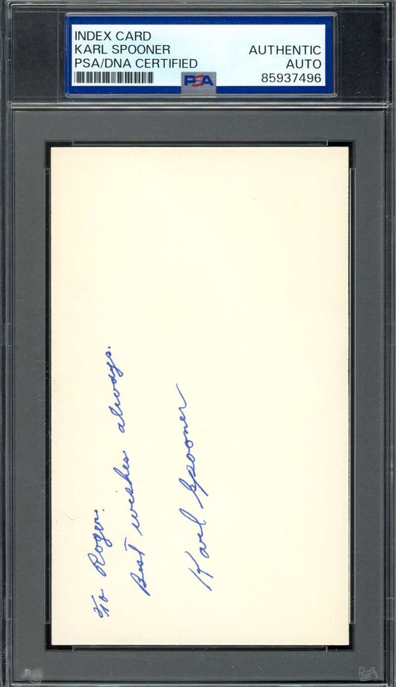 Karl Spooner PSA DNA Signed 3x5 Index Card 55 Dodgers Autograph