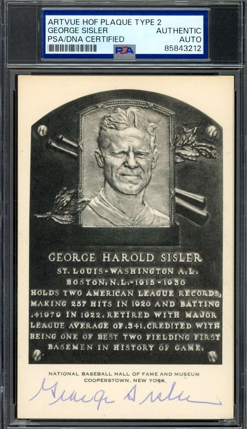 George Sisler PSA DNA Signed Black White Hall of Fame Plaque Postcard Auto