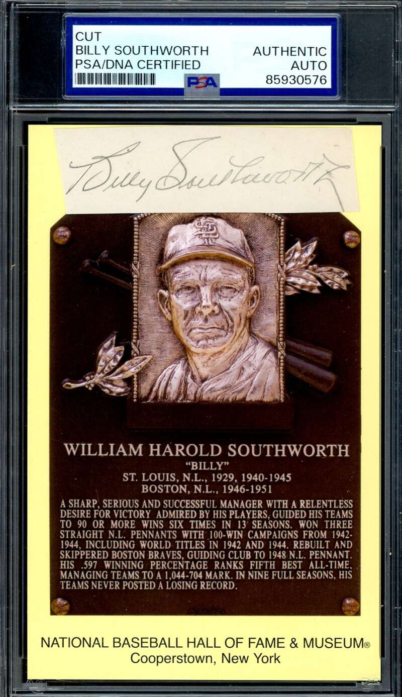 Billy Southworth PSA DNA Signed Gold Hall of Fame Plaque Postcard Cut Autograph