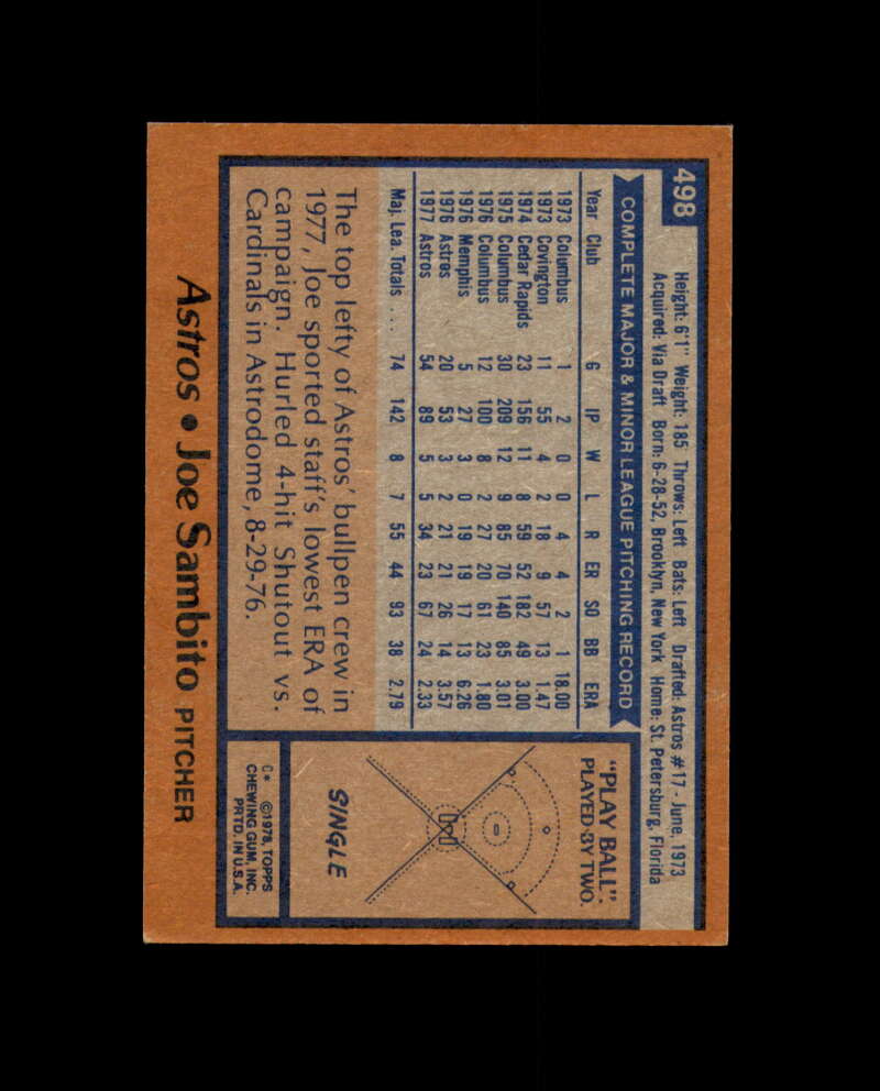 Joe Sambito Signed 1978 Topps Houston Astros Autograph