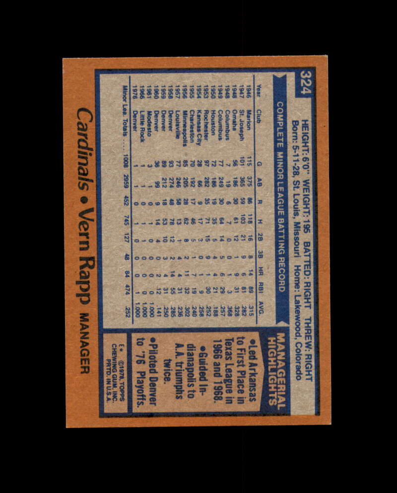 Vern Rapp Signed 1978 Topps St. Louis Cardinals Autograph