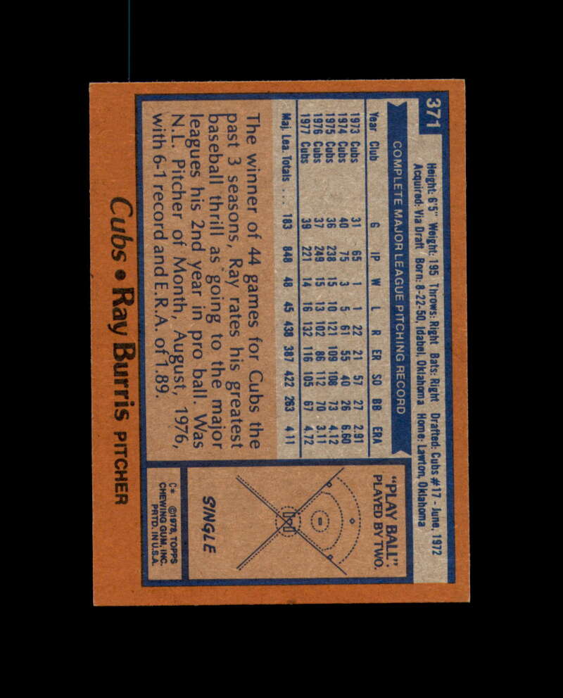 Ray Burris Signed 1978 Topps Chicago Cubs Autograph