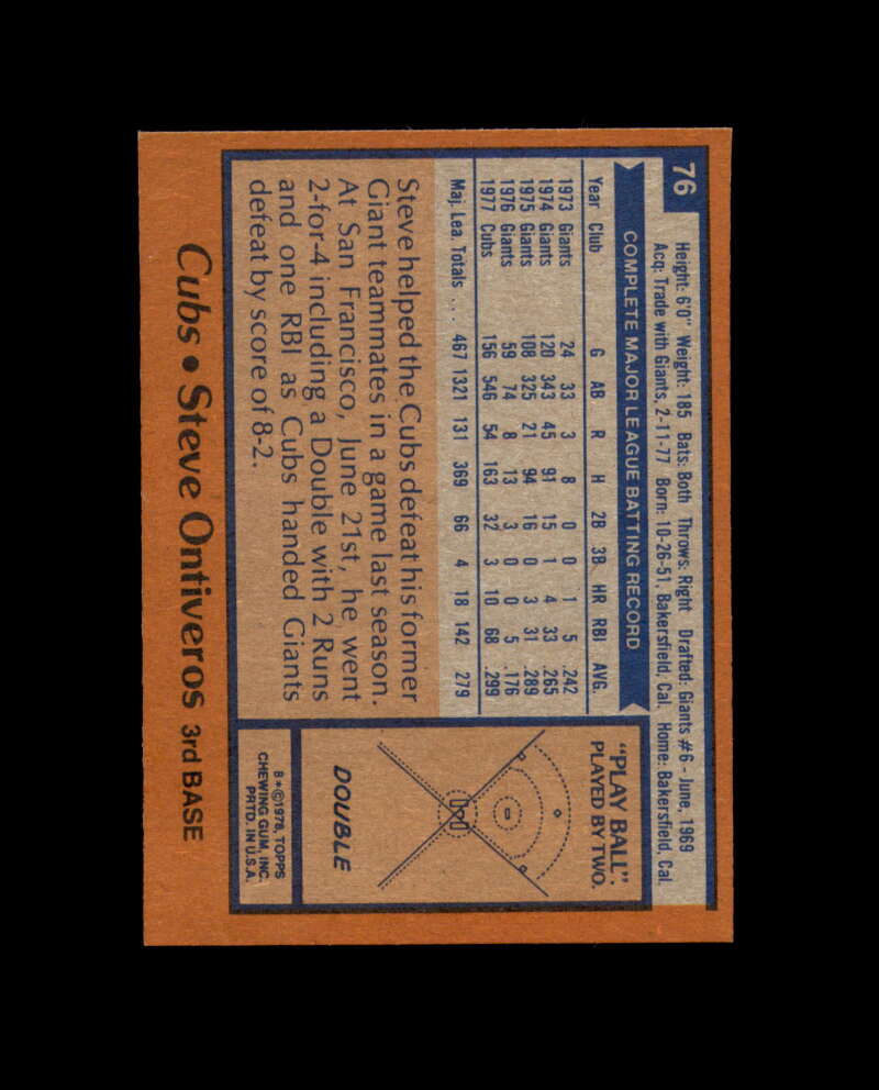 Steve Ontiveros Signed 1978 Topps Chicago Cubs Autograph