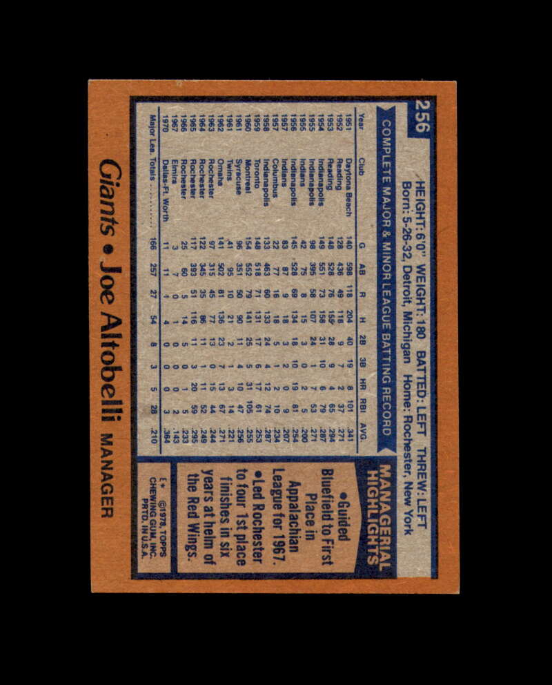 Joe Altobelli Signed 1978 Topps San Francisco Giants Autograph