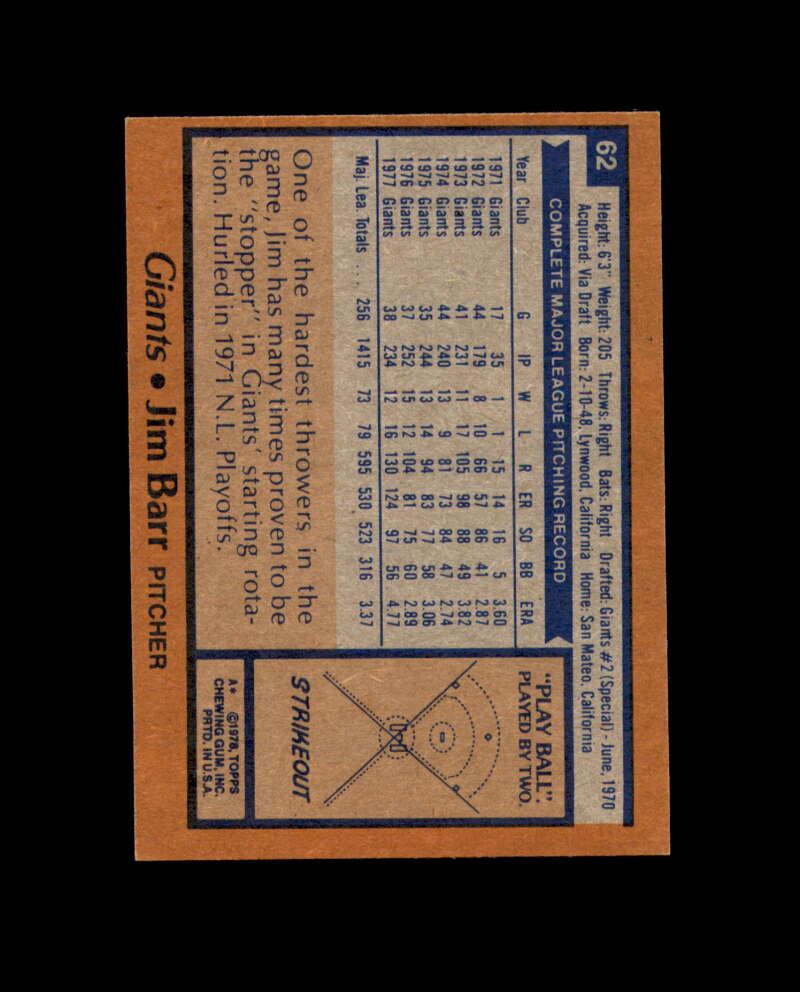 Jim Barr Signed 1978 Topps San Francisco Giants Autograph
