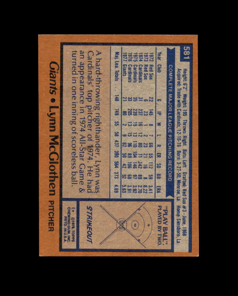 Lynn McGlothen Signed 1978 Topps San Francisco Giants Autograph