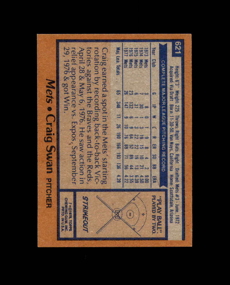 Craig Swan Signed 1978 Topps New York Mets Autograph
