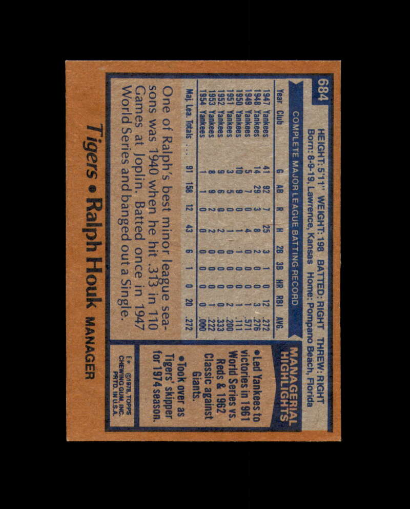 Ralph Houk Signed 1978 Topps Detroit Tigers Autograph
