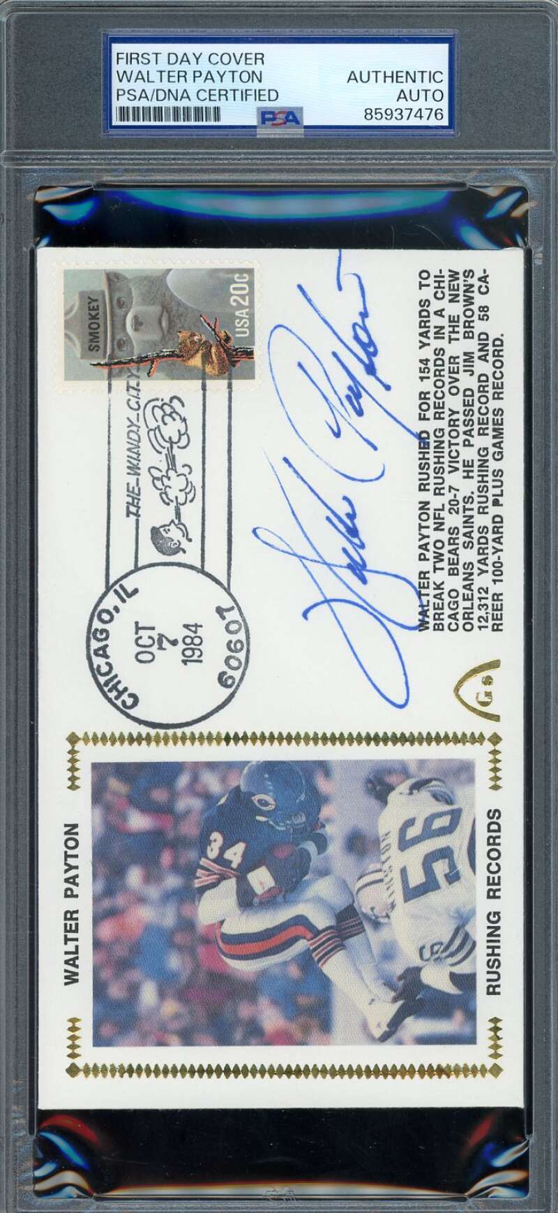 Walter Payton PSA DNA Autograph 1984 First Day Cover Cache FDC Rushing Record Signed