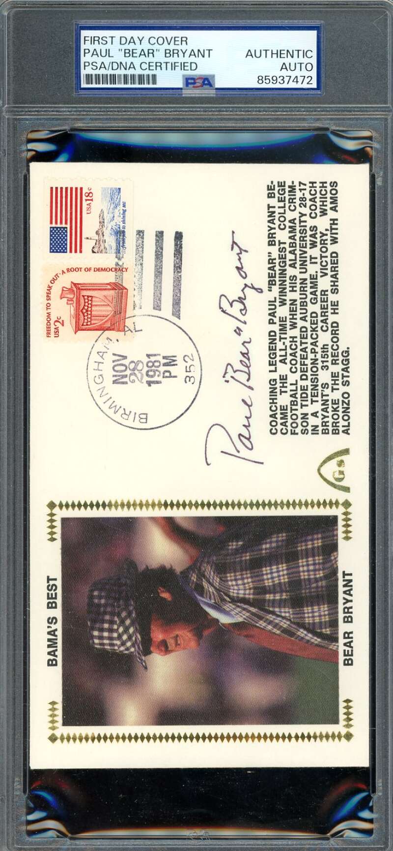 Paul Bear Bryant PSA DNA Autograph 1981 First Day Cover Cache FDC Bama's Best Signed