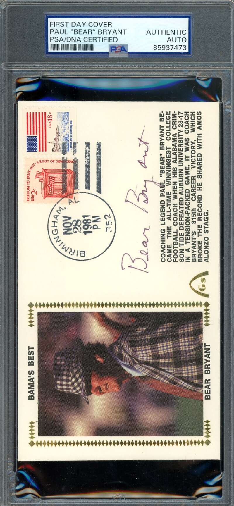 Paul Bear Bryant PSA DNA Autographed 1981 First Day Cover Cache FDC Bama's Best Signed