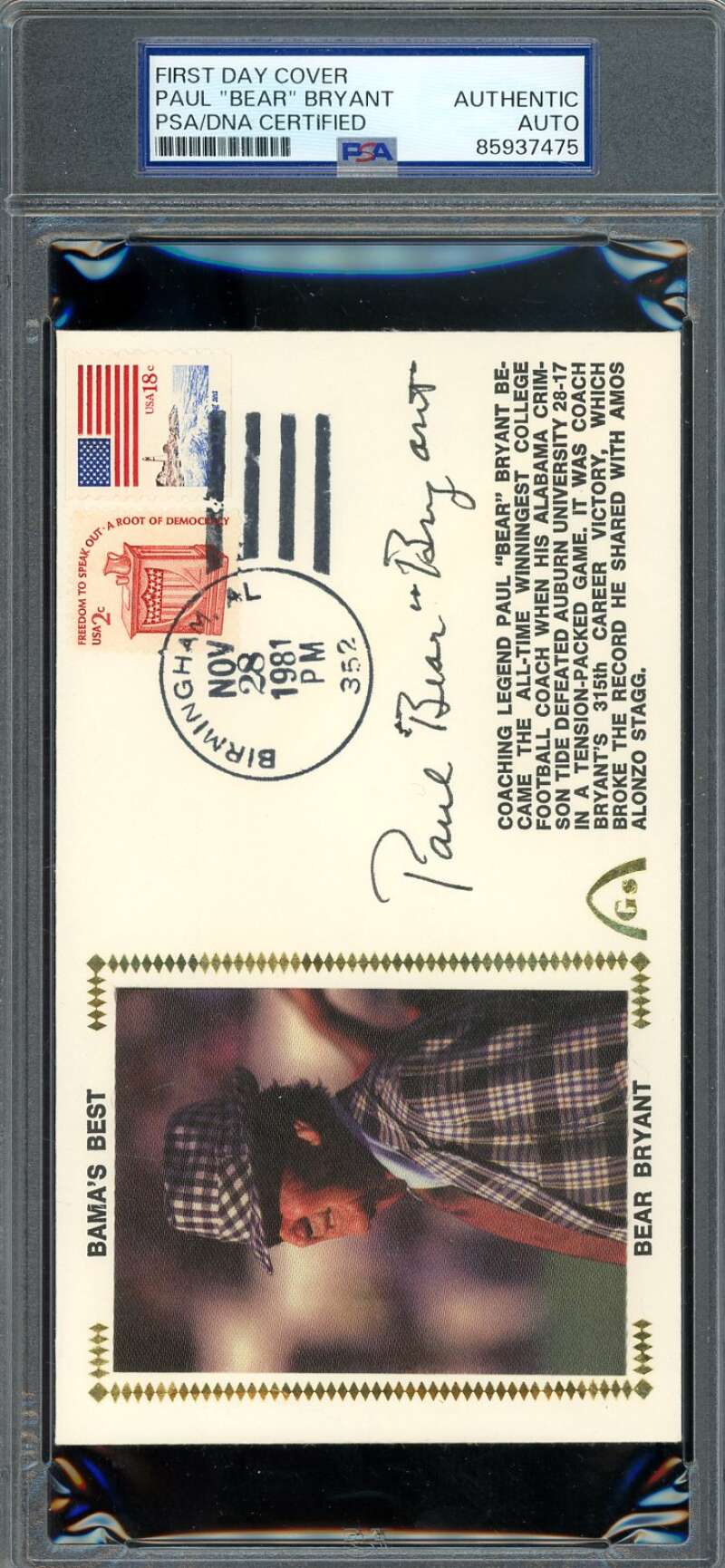 Paul Bear Bryant PSA DNA Signed 1981 First Day Cover Cache FDC Bama's Best Autograph