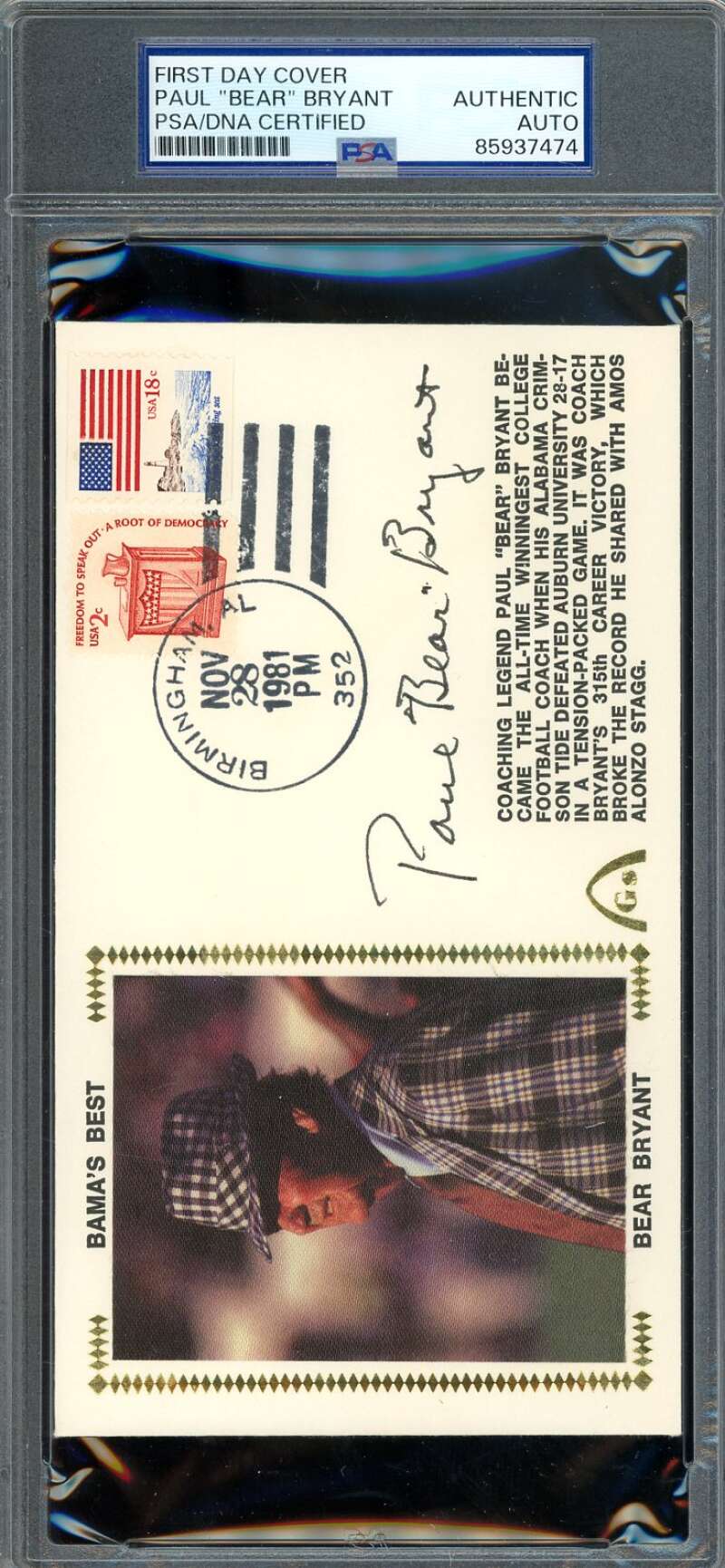 Paul Bear Bryant PSA DNA Signed 1981 First Day Cover Cache FDC Bama's Best Autographed