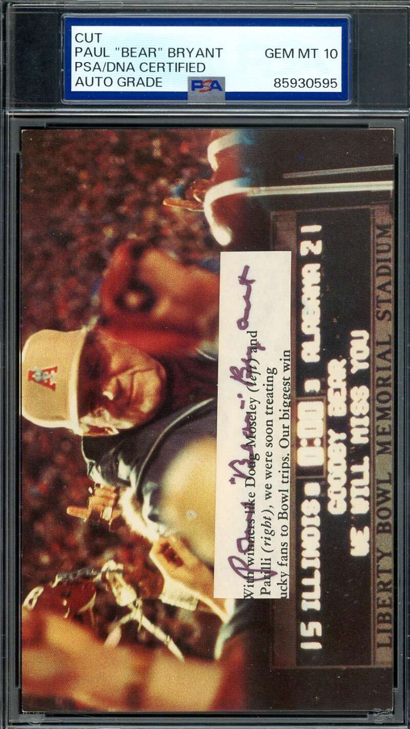 Paul Bear Bryant Gem Mint 10 PSA DNA Autograph Photo Postcard Cut Alabama Signed