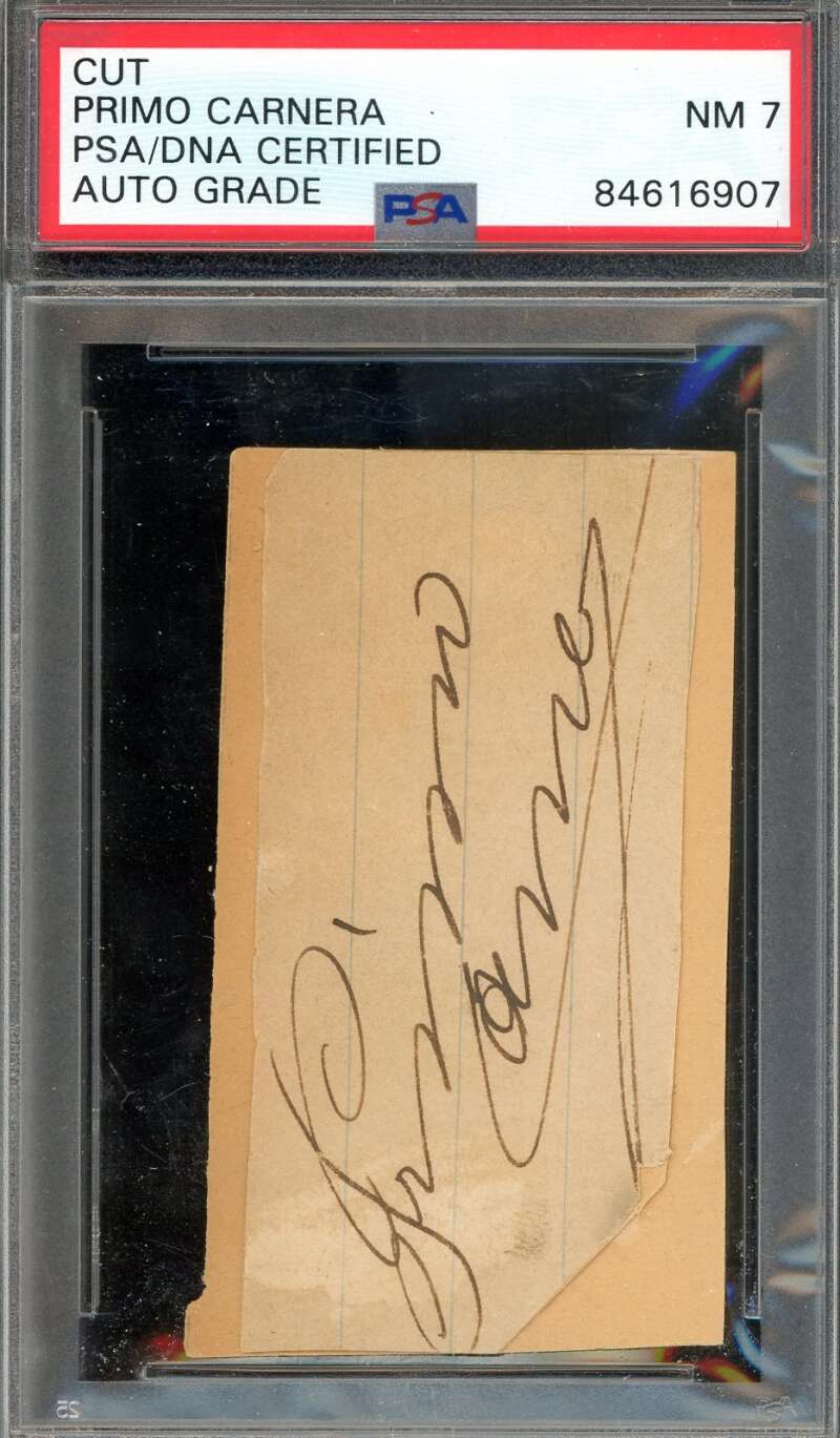 Primo Carnera NM 7 PSA DNA Autograph 2x3 Index Card Cut Signed