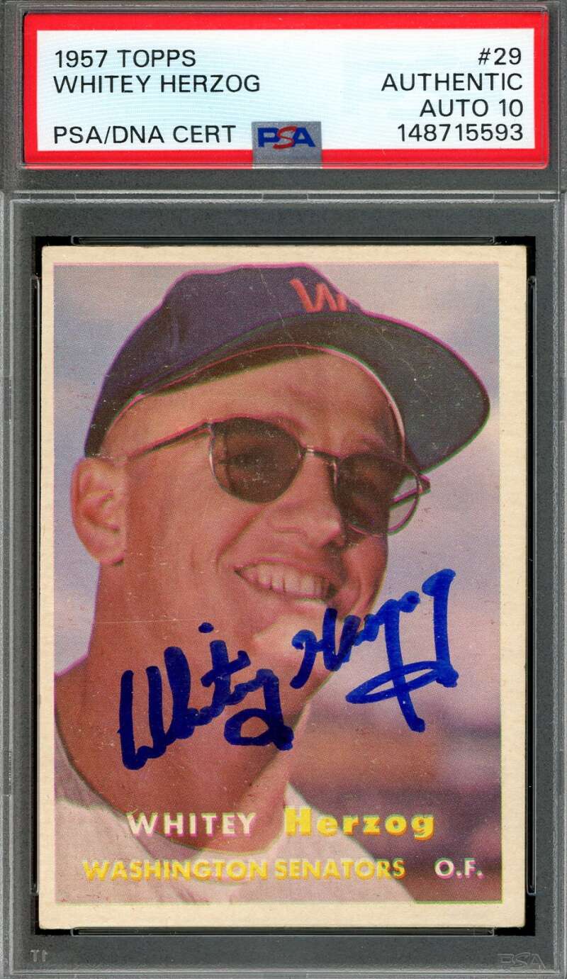 Whitey Herzog Gem Mint 10 PSA DNA Signed 1957 Topps Rookie Autograph