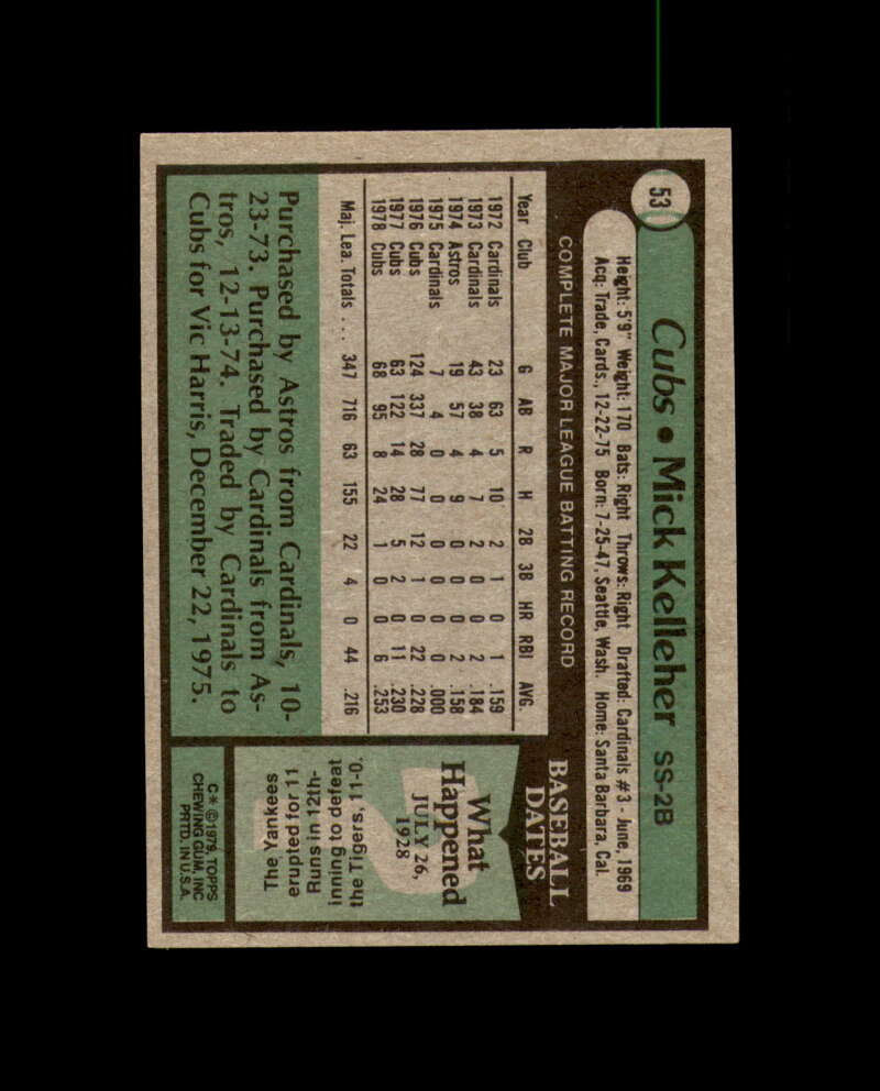 Mick Kelleher Signed 1979 Topps Chicago Cubs Autograph