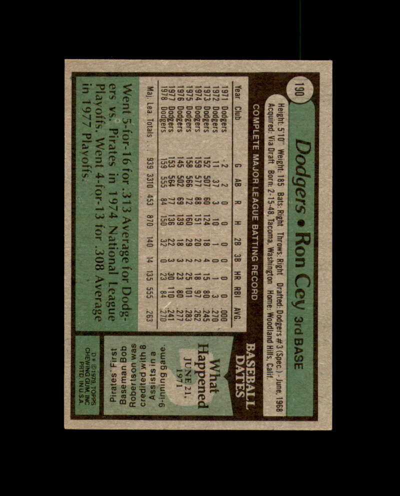 Ron Cey Signed 1979 Topps Los Angeles Dodgers Autograph