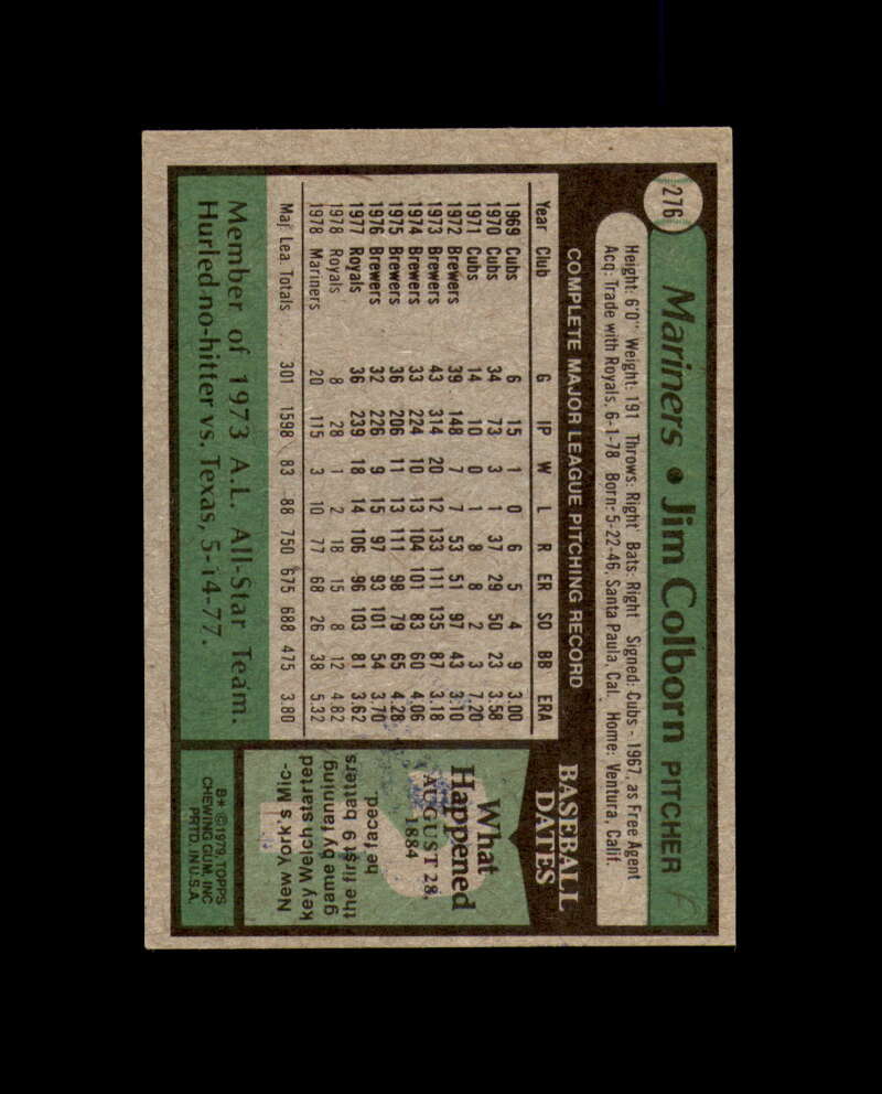 Jim Colborn Signed 1979 Topps Seattle Mariners Autograph
