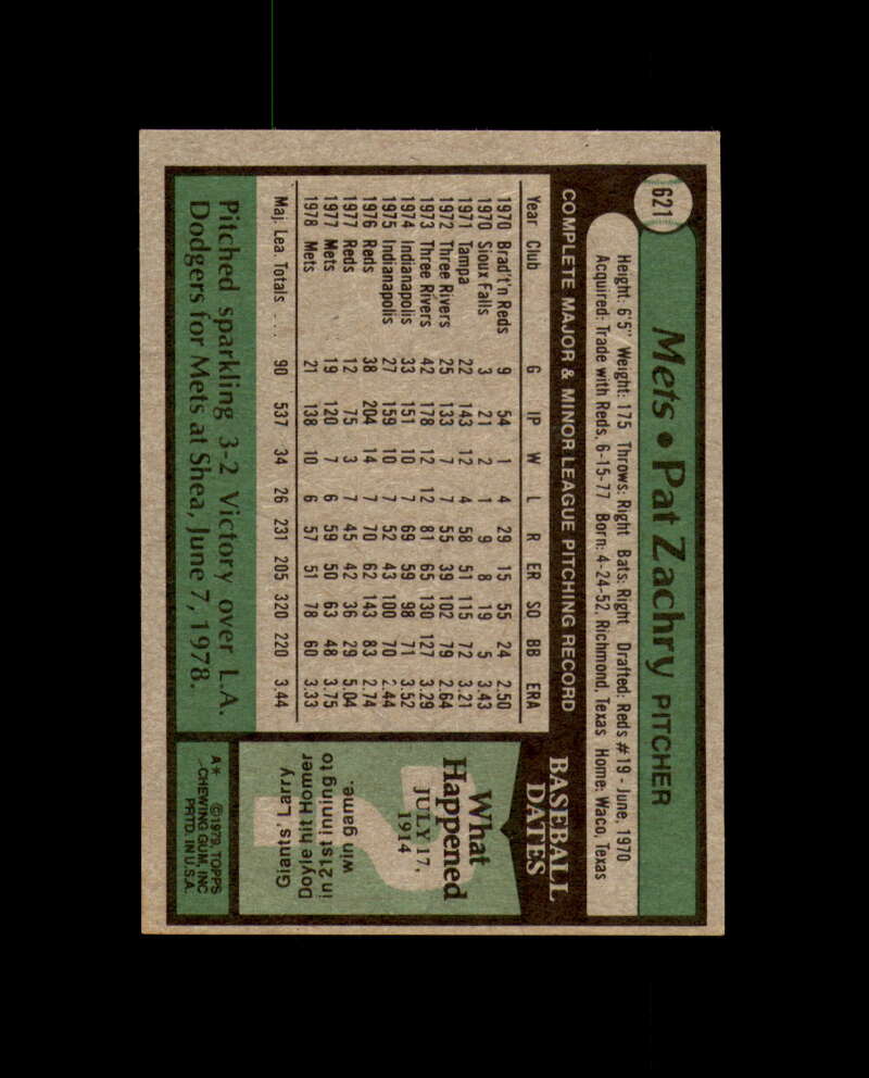 Pat Zachry Signed 1979 Topps New York Mets Autograph