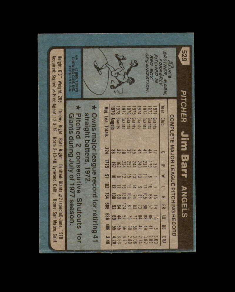 Jim Barr Signed 1980 Topps California Angels Autograph