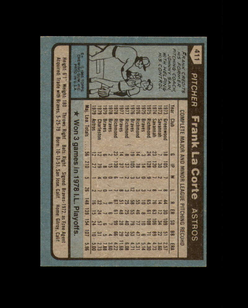 Frank LaCorte Signed 1980 Topps Houston Astros Autograph