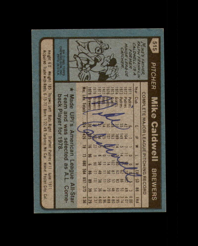Mike Caldwell Signed 1980 Topps Milwaukee Autograph