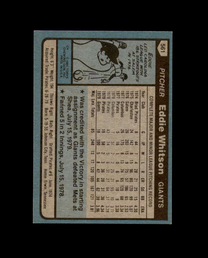 Eddie Whitson Signed 1980 Topps San Francisco Giants Autograph