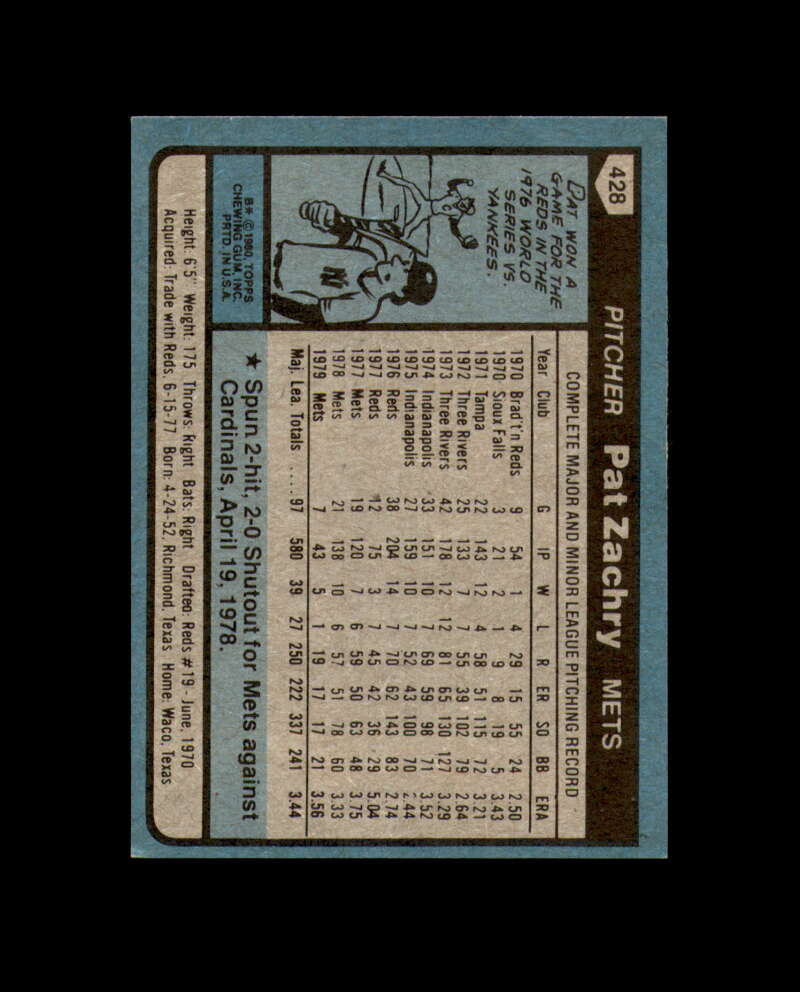 Pat Zachry Signed 1980 Topps New York Mets Autograph