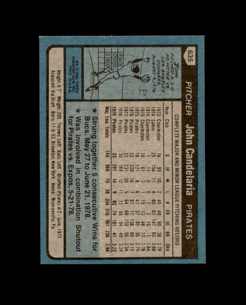 John Candelaria Signed 1980 Topps Pittsburgh Pirates Autograph