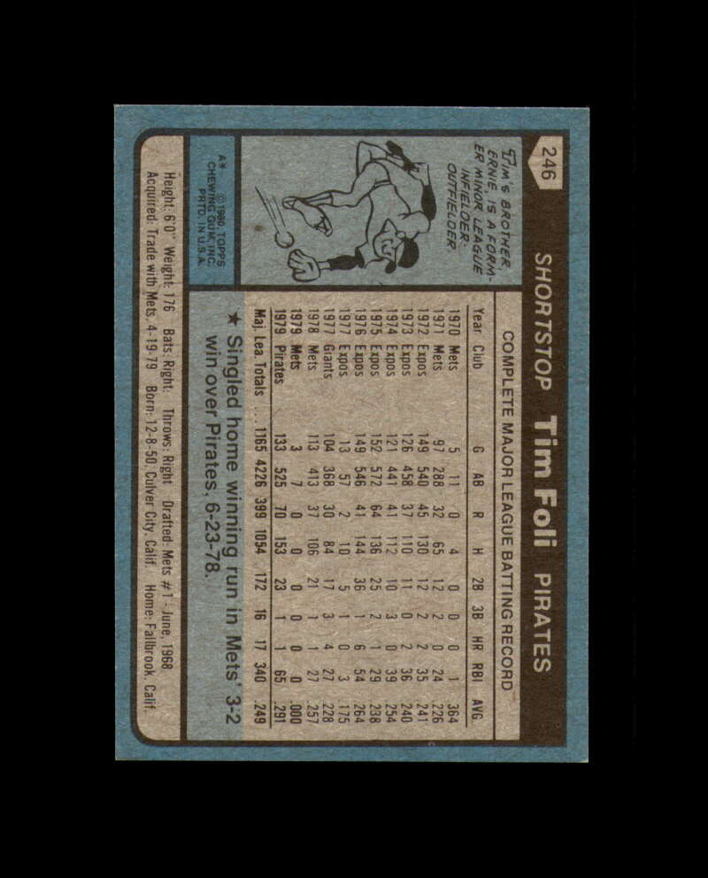 Tim Foli Signed 1980 Topps Pittsburgh Pirates Autographed