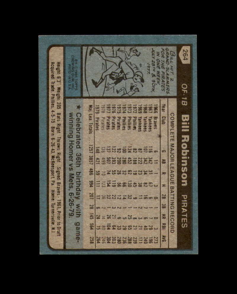 Bill Robinson Signed 1980 Topps Pittsburgh Pirates Autograph