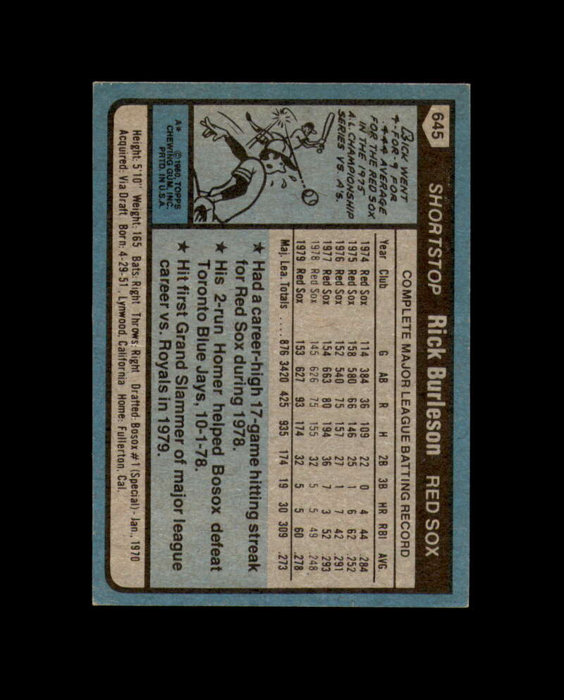 Rick Burleson Signed 1980 Topps Boston Red Sox Autograph
