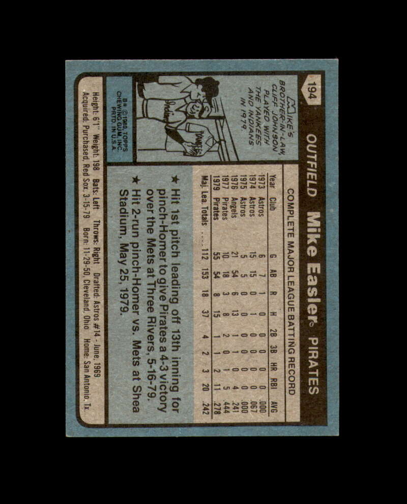 Mike Easler Signed 1980 Topps Pittsburgh Pirates Autograph