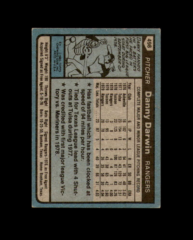 Danny Darwin Signed 1980 Topps Texas Rangers Autograph