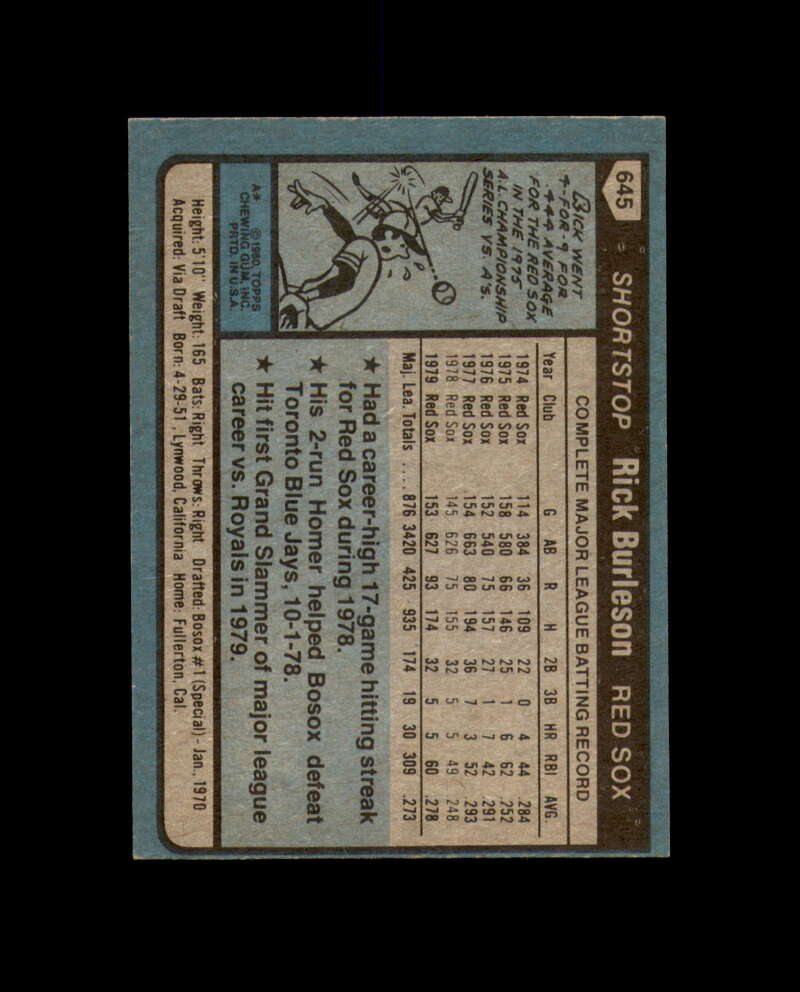 Rick Burleson Signed 1980 Topps Boston Red Sox Autographed