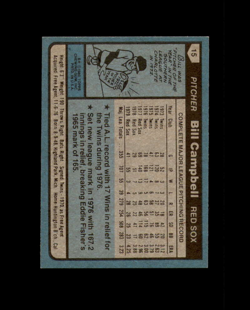 Bill Campbell Signed 1980 Topps Boston Red Sox Autograph