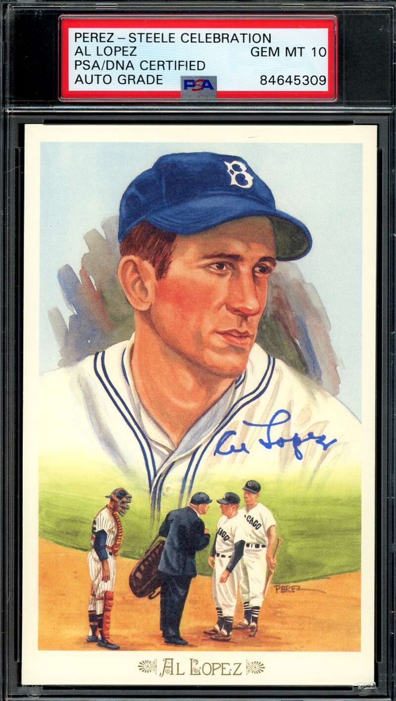 Al Lopez Gem Mint 10 PSA DNA Signed Perez Steele Celebration Postcard Autograph