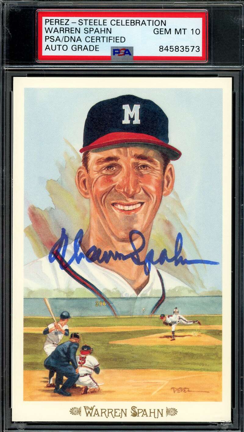 Warren Spahn Gem Mint 10 PSA DNA Signed Perez Steele Celebration Postcard Autograph