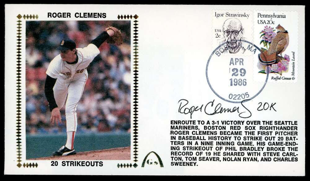 Roger Clemens JSA Coa Signed 1986 First Day Cover Cache FDC 20 Strikeouts Autograph