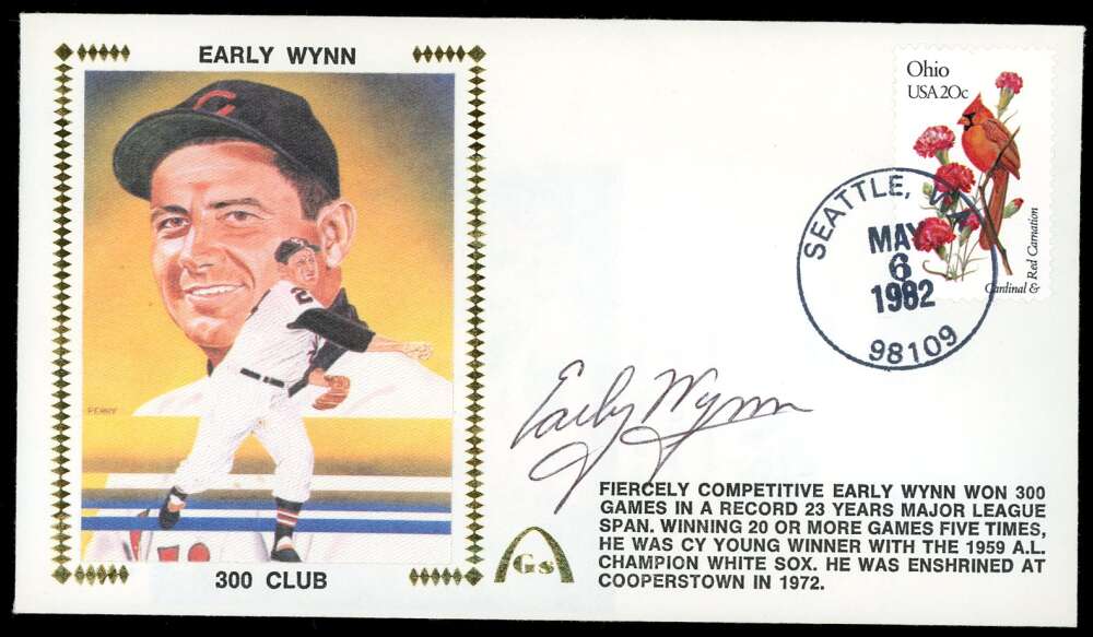Early Wynn JSA Coa Signed 1982 First Day Cover Cache FDC 300 Club Autograph
