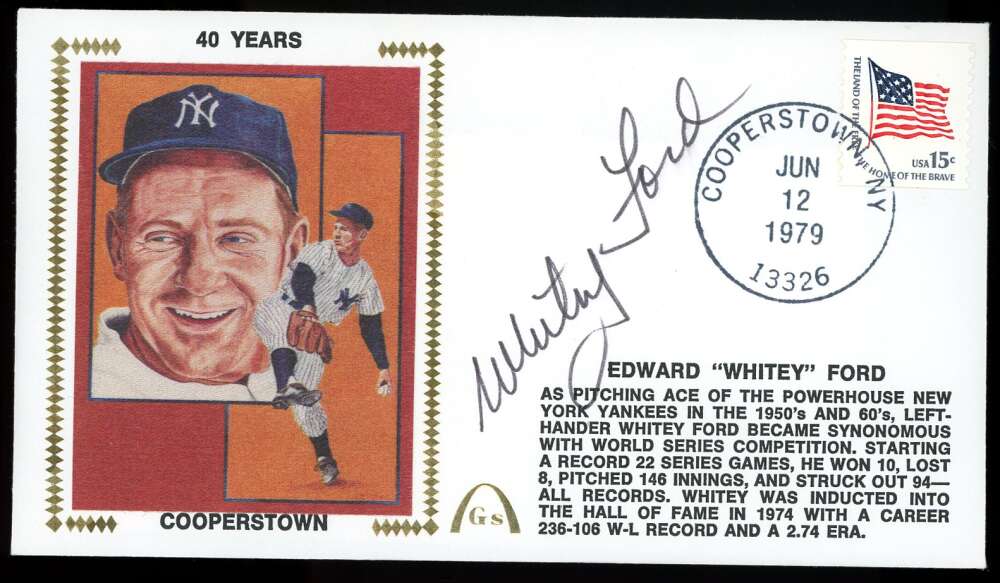 Whitey Ford JSA Coa Signed 1979 First Day Cover Cache FDC Cooperstown Autograph